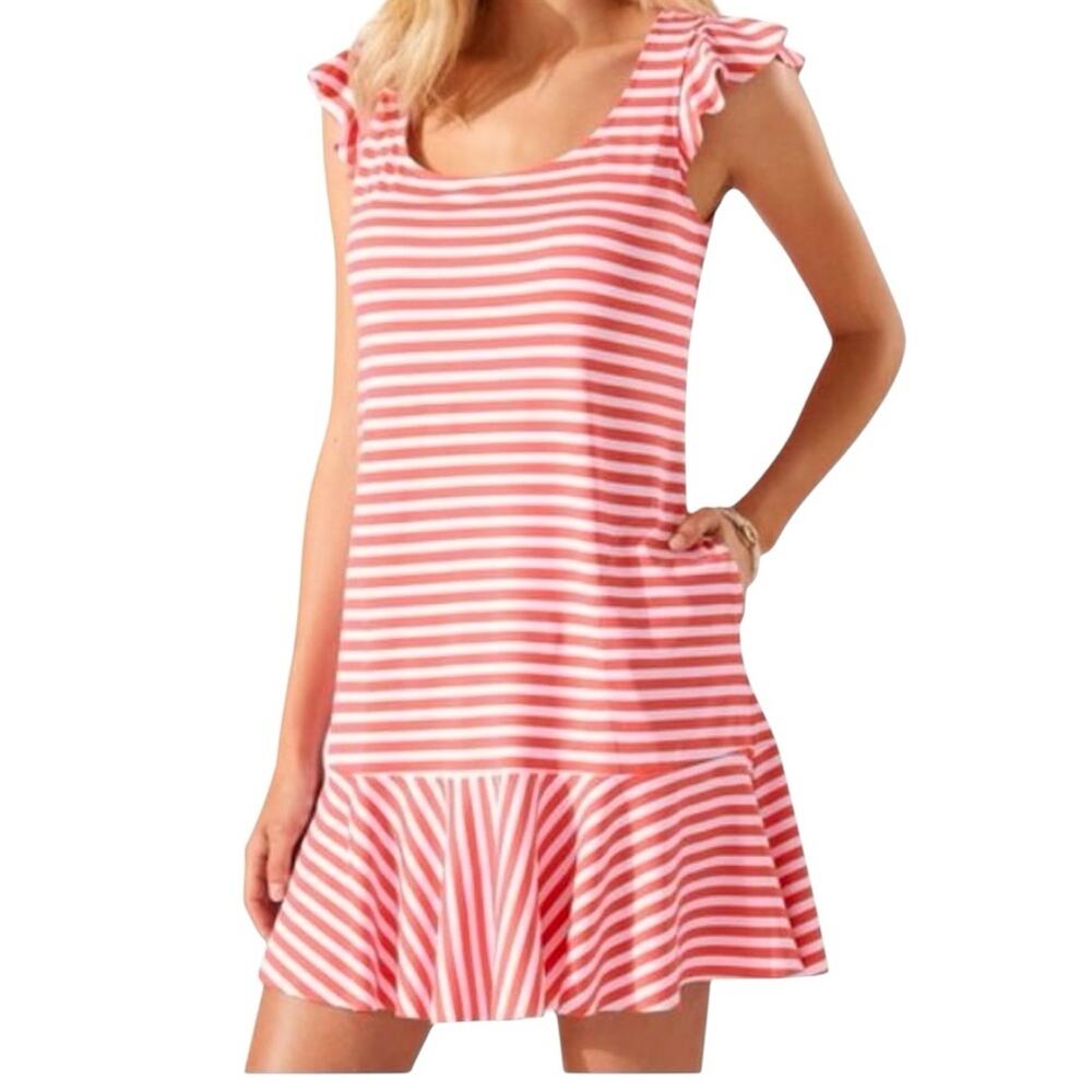Tommy Bahama Spa Dress M Coral Stripe Breaker Bay Flounce Pockets Coastal Resort